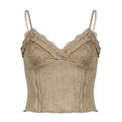 Micro Suede Lace Hem V Neck Ruffle Backless Cami Top