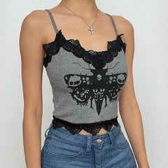 Lace Hem Backless Contrast Abstract Cami Crop Top