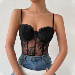 Eyelash Lace Embroidery Corset Button Sweetheart Neck Cami Top