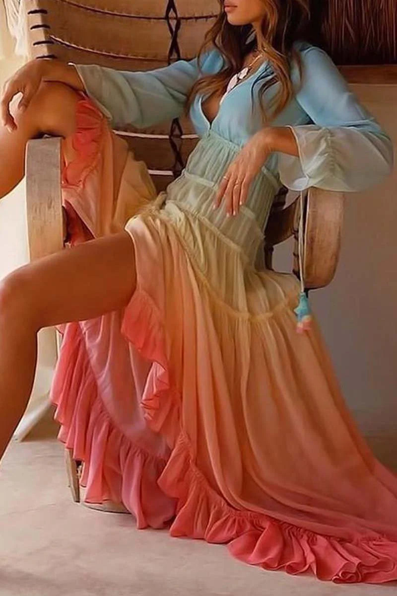 Cityhottie V Neck Long Sleeve Gradient Dress