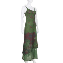 Mesh Contrast Patchwork U Neck Backless Cami Maxi Dress