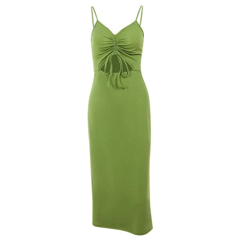 Solid Hollow Out Drawstring V Neck Backless Cami Midi Dress