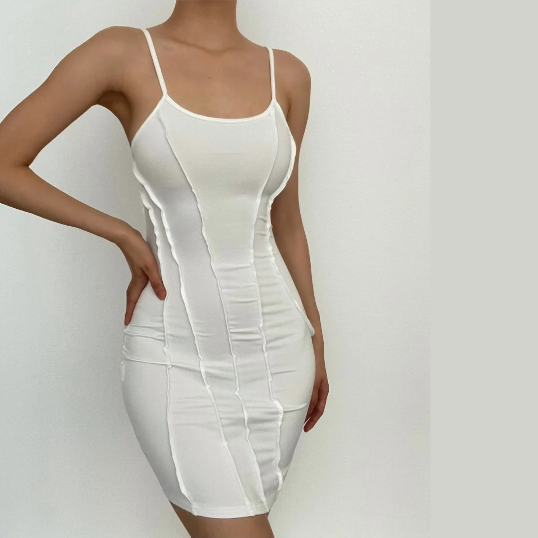 Slit Low Cut Solid Stitch Square Neck Backless Cami Dress