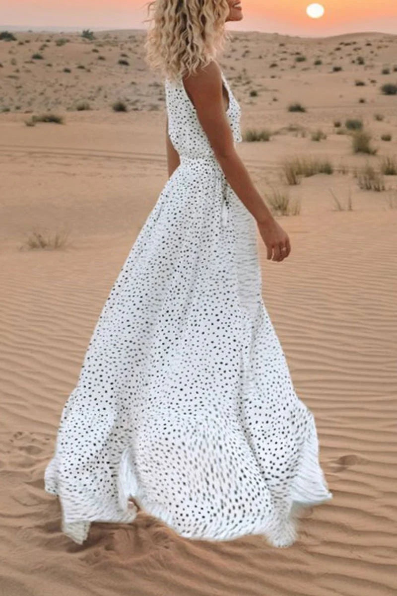 Cityhottie V Neck Dot Printed Floor Length Dress(3 Colors)