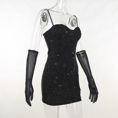 Gloves Solid Beaded Slit Sweetheart Neck Cami Mini Dress