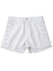 Trendy Frayed Hem Side Lace Up Denim Shorts