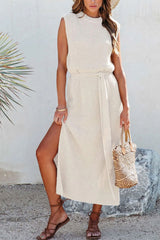 Tie-Waist Slit Knit Tank Dress