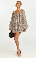 Brixton Mini Dress - Square Neck Smock Dress in Chocolate