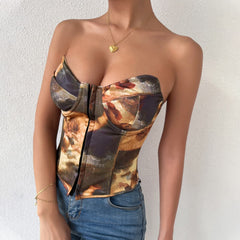 Lace Up Back Button Print Heart Neck Bustier Tube Top
