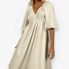 V-Neck Half-Sleeve Hollow Pullover Long Dress