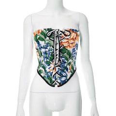 Lace Up Bustier Flower Print Contrast Backless Tube Top