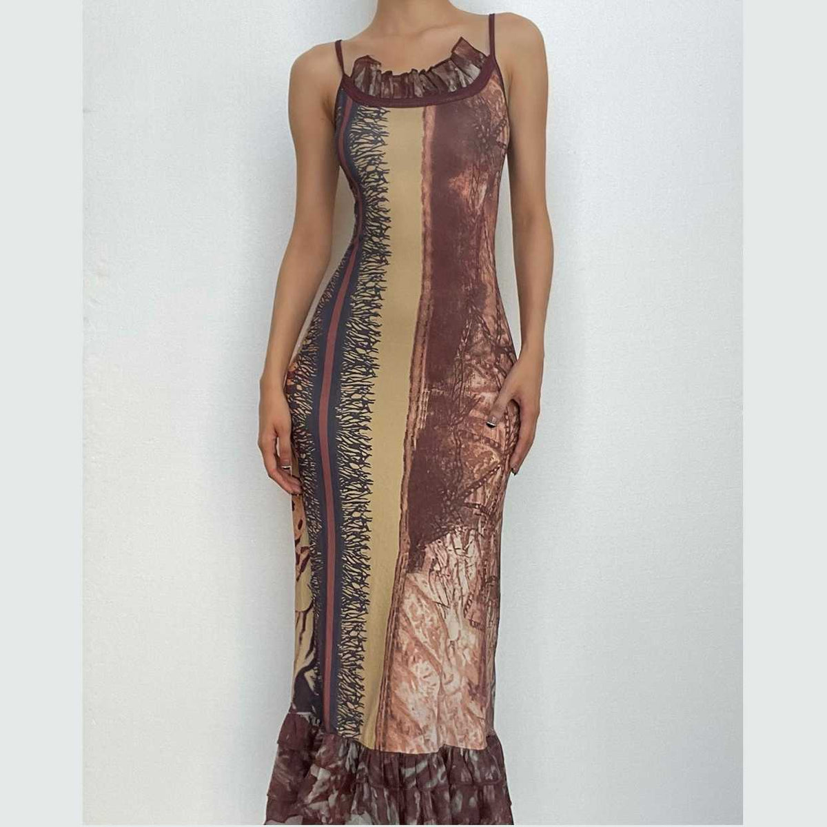 Abstract Ruffle Contrast Ruched Cami Maxi Dress - Final Sale