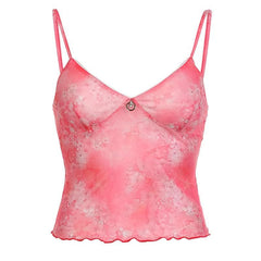 Sheer Mesh See Through V Neck Flower Print Ruffle Cami Crop Top