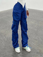 Vintage Y2K Cargo Pants Women Elastic High Waist Big Pockets Baggy Casual Capris Aesthetic Autumn Jogger Sweatpants