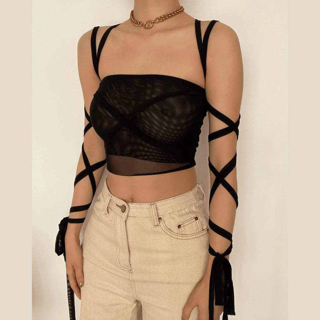 Bandage Mesh See-Through Lace Up Tube Top