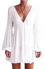 Deep V Neck Lantern Long Sleeve Dress