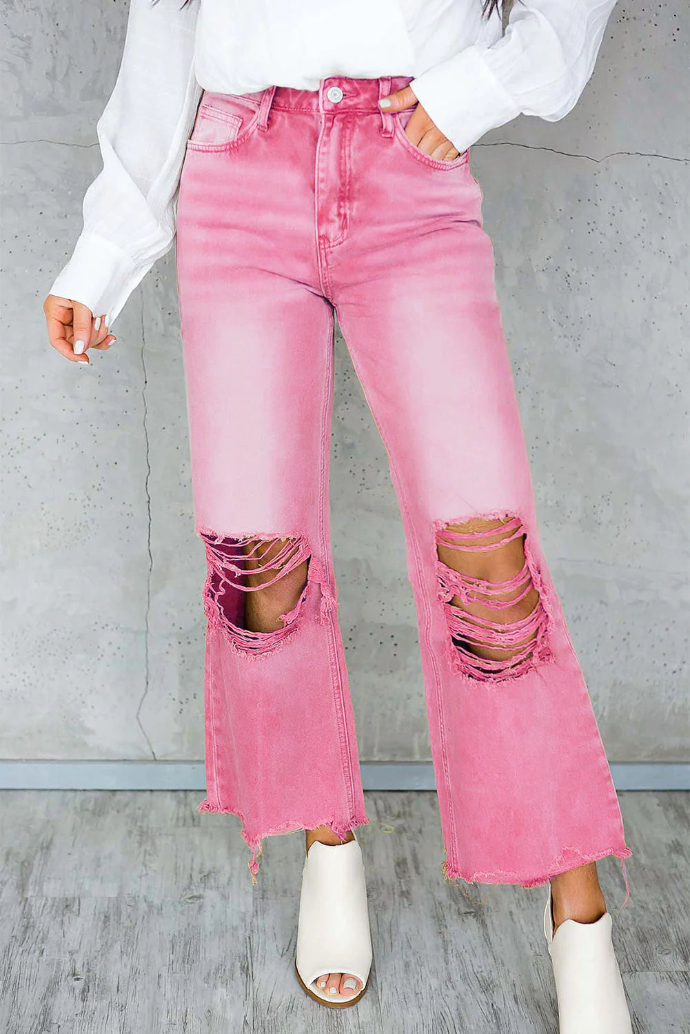 Peach Blossom Distressed Hollow-Out High Waist Cropped Flare Jeans