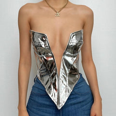 Metallic V Neck Zip-Up Low Cut Backless Corset Tube Top