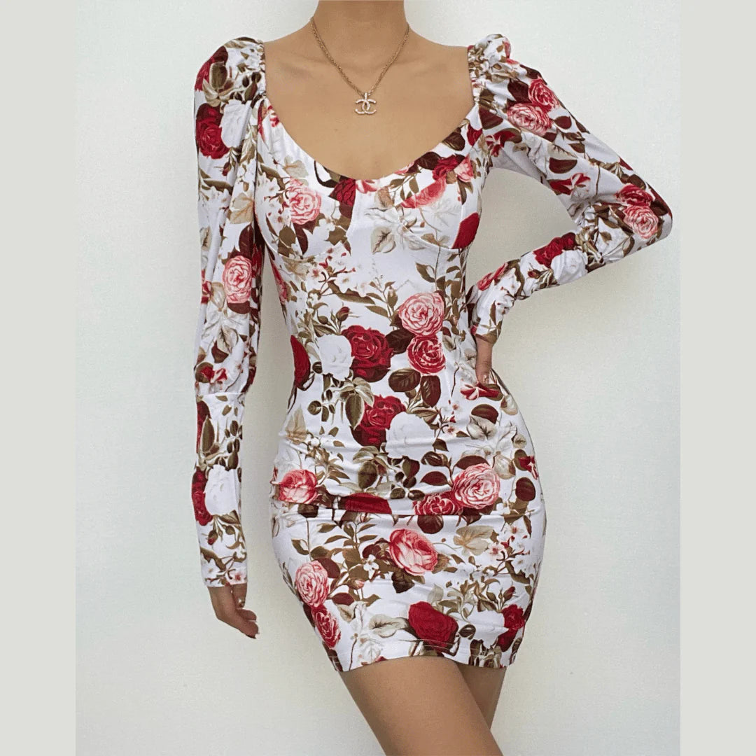 Square Neck Long Sleeve Contrast Flowers Print Mini Dress