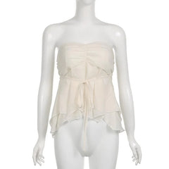 Chiffon Ruched Solid Self Tie Zip-Up Backless Tube Top
