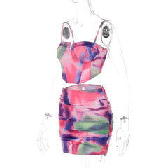 Ruched Contrast Tie Dye Notch Neck Backless Corset Cami Mini Skirt Set