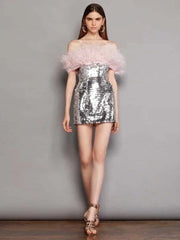 Sexy Off-Shoulder Feather Stitching Tube Dress