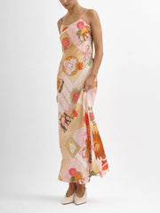 Unique Satin Print Charming Casual Suspender Maxi Dress