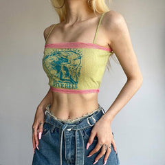 Lace Hem Contrast Print Textured Cami Crop Top