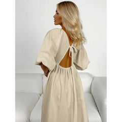 V-Neck Half-Sleeve Hollow Pullover Long Dress