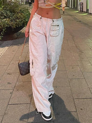 Women Spring Fashion Multi Pockets White Cargo Pants Women Adjustable Low Waist Baggy Wide Leg Jeans Oversized Casual Trousers Retro Bottoms Iamhotty