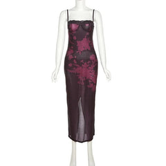 Lace Hem Contrast Flower Pattern Slit Cami Midi Dress