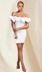 White Off Shoulder Frill Mini Bodycon Dress