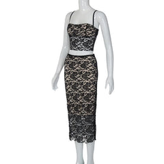 Lace Contrast Button Backless Square Neck Cami Midi Skirt Set