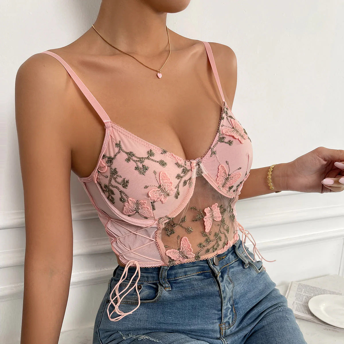 Butterfly Embroidery Mesh Bustier Lace Up Padded Cami Top