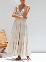 Ruffled Flying Sleeves Smocked Graceful Back Tiered Vacation Maxi Dress