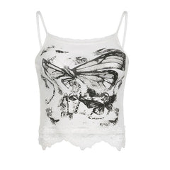 Ribbed Butterfly Pattern Lace Hem Contrast Cami Crop Top