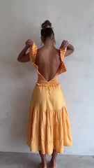 French Yellow Pleated U-Neck Dress