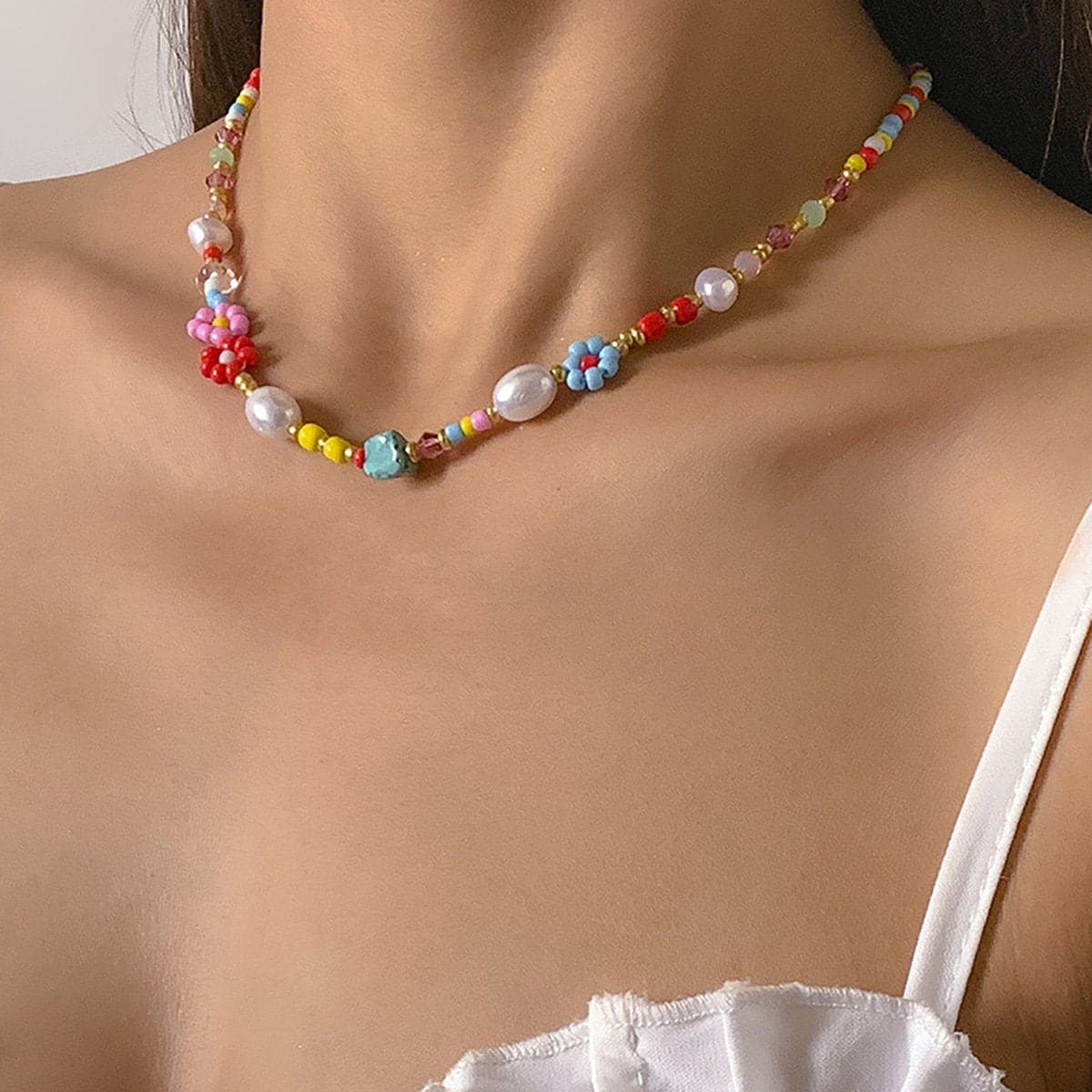 Beaded Multicolor Faux Pearl Flower Clay Choker Necklace