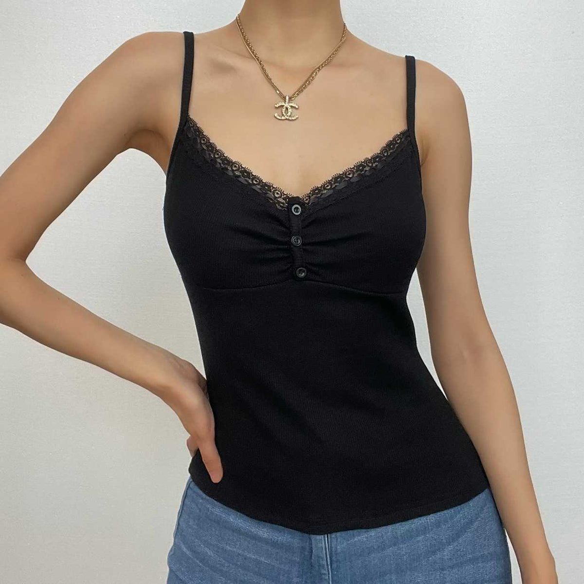 Ribbed Solid Lace Hem V Neck Button Backless Cami Top