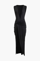 Wrap Ruched Slit Deep Graceful V-Neck Sleeveless Maxi Dress
