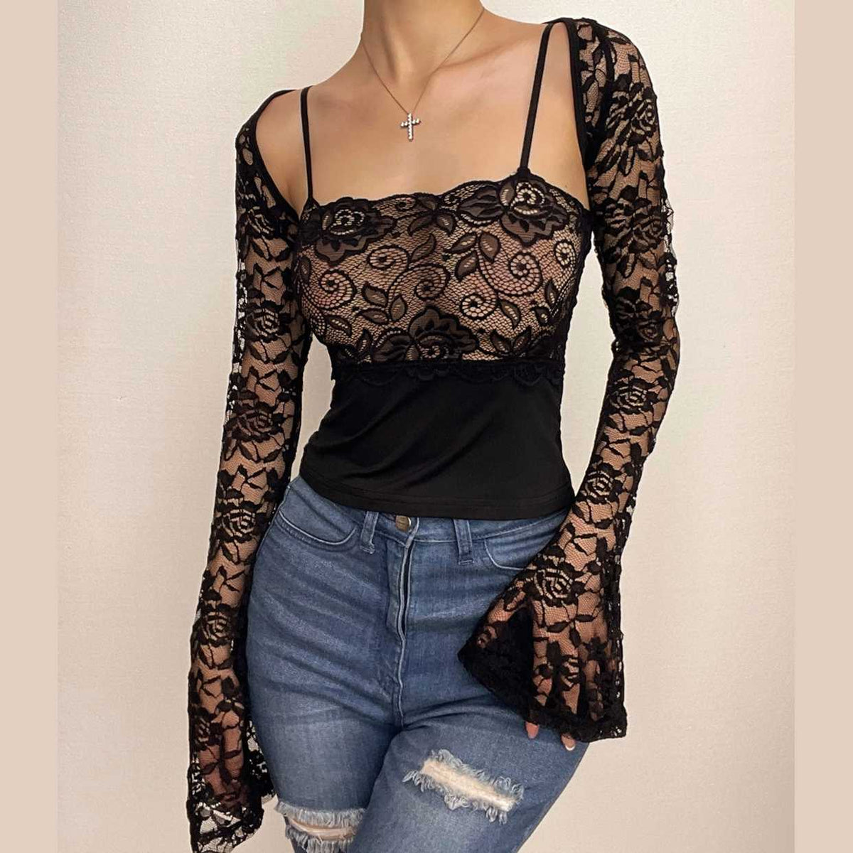 Lace See Through Square Neck Long Sleeve Shrug 2 Piece Cami Crop Top