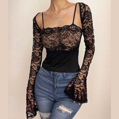 Lace See Through Square Neck Long Sleeve Shrug 2 Piece Cami Crop Top