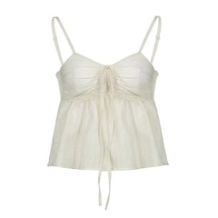 Solid Ruched Ruffle V Neck Smocked Self Tie Cami Top