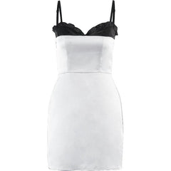 Patchwork Satin Ruffle Contrast Zip-Up Backless Cami Mini Dress - Final Sale