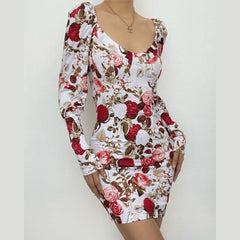 Square Neck Long Sleeve Contrast Flowers Print Mini Dress
