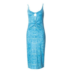 Ruched Knotted Slit Print Hollow Out Backless Cami Midi Dress