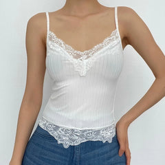Ribbed Hem Lace V Neck Solid Cami Top