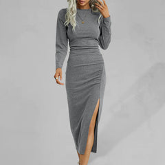 Women'S Solid Color Round Neck Slim Long Sleeve Slit Dress