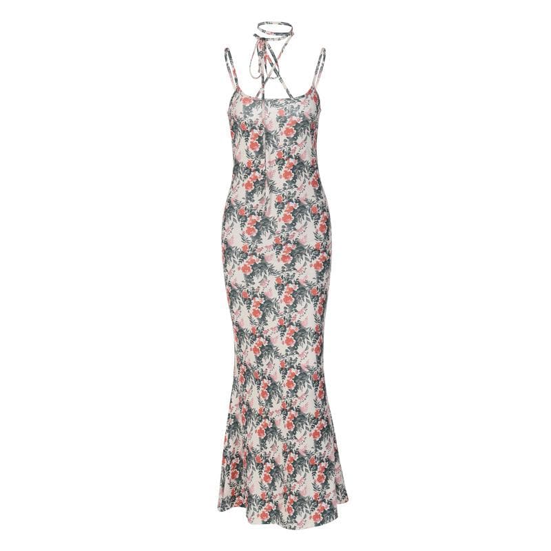 Flower Print Contrast Halter Cross Back Cami Maxi Dress
