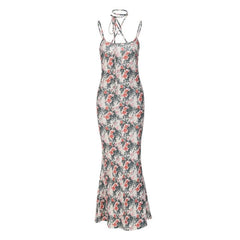 Flower Print Contrast Halter Cross Back Cami Maxi Dress